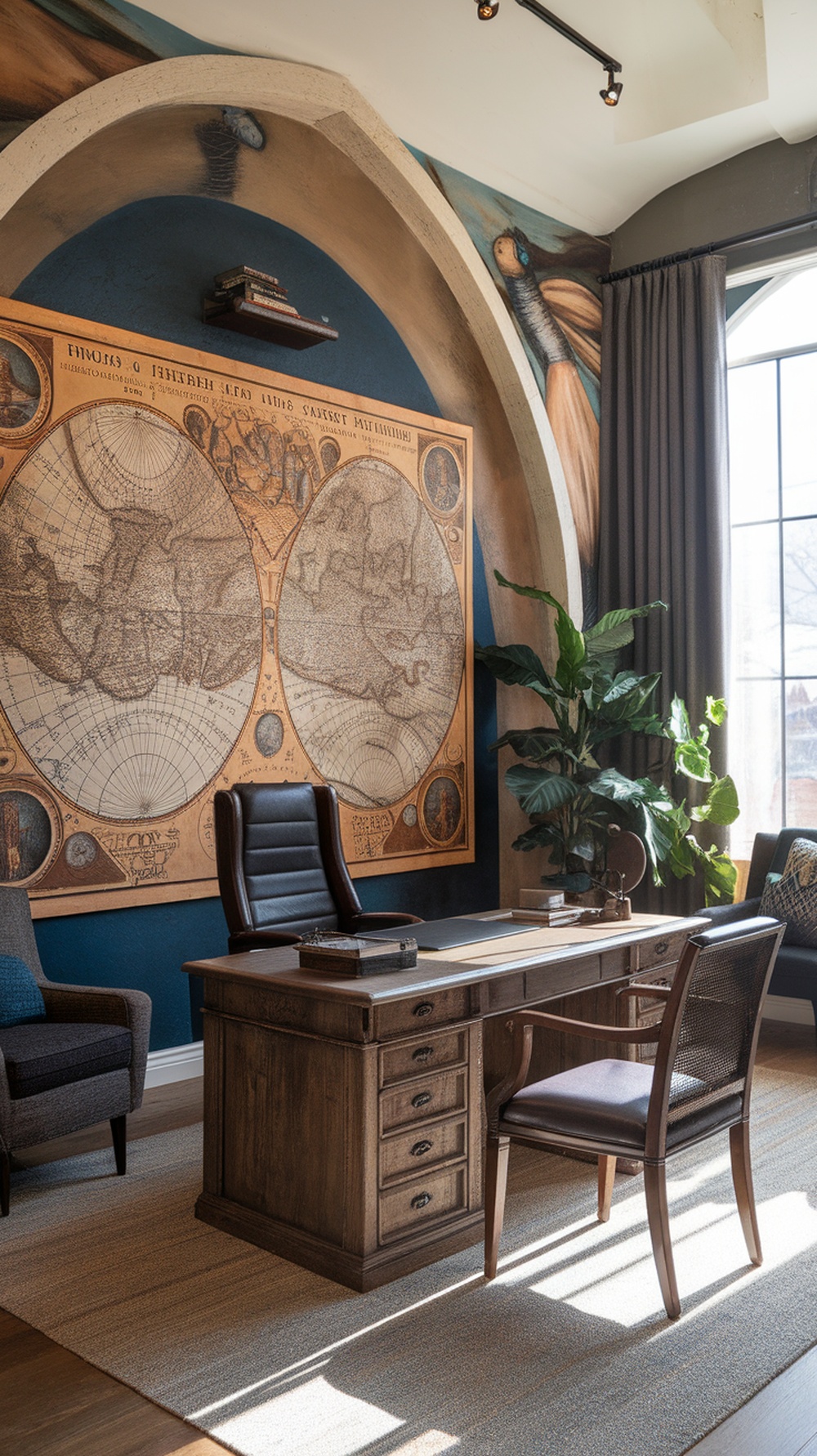 A masculine home office featuring a vintage map as a focal point on the wall, with a wooden desk and comfortable chair.