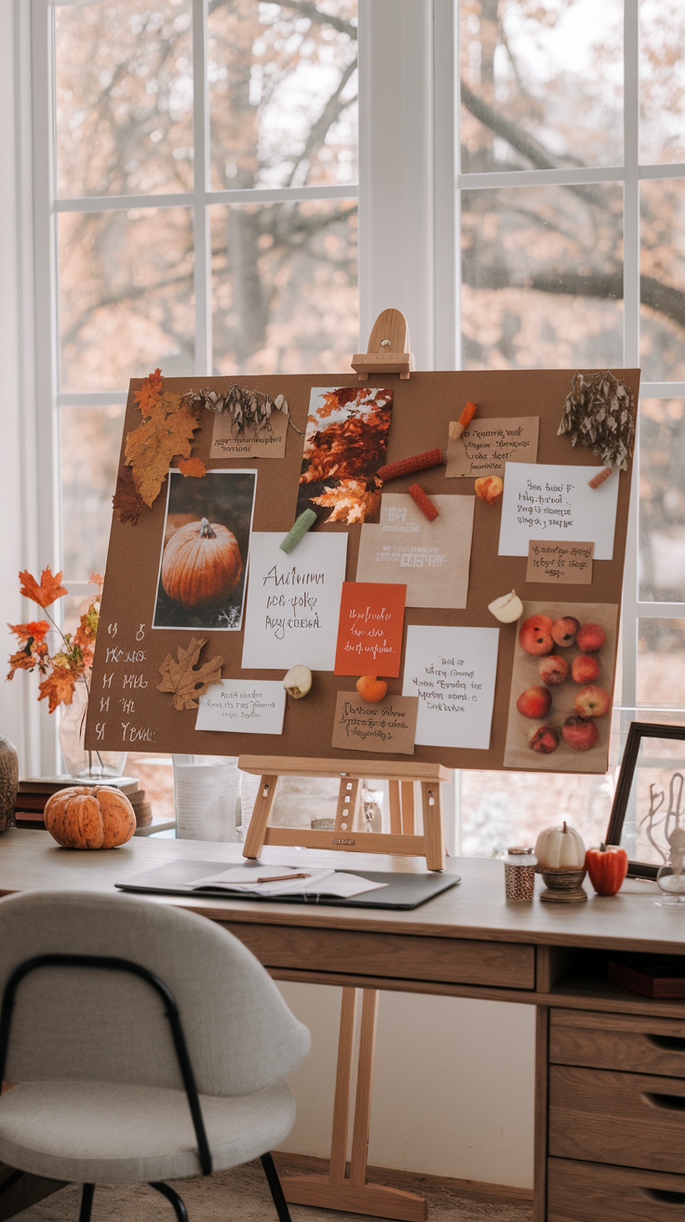 A cozy workspace with a vision board decorated for autumn, featuring colorful leaves and motivational quotes.
