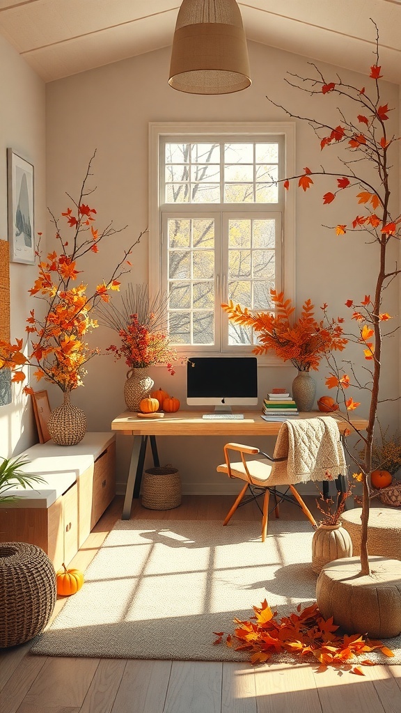 A cozy small workspace decorated with autumn leaves and pumpkins, featuring a minimalist desk setup.
