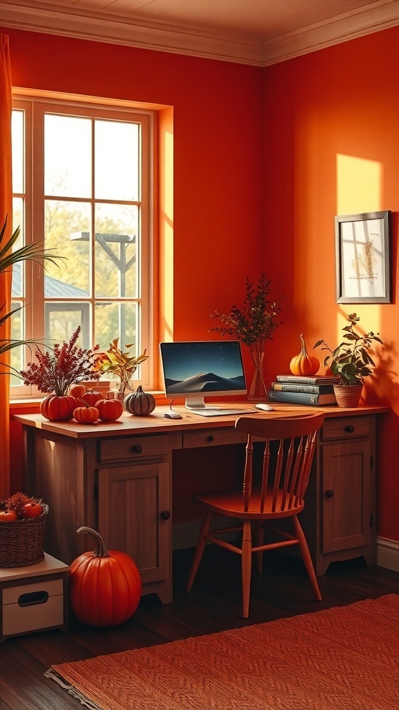 A cozy home office with burnt orange walls, a wooden desk, and autumn decorations.