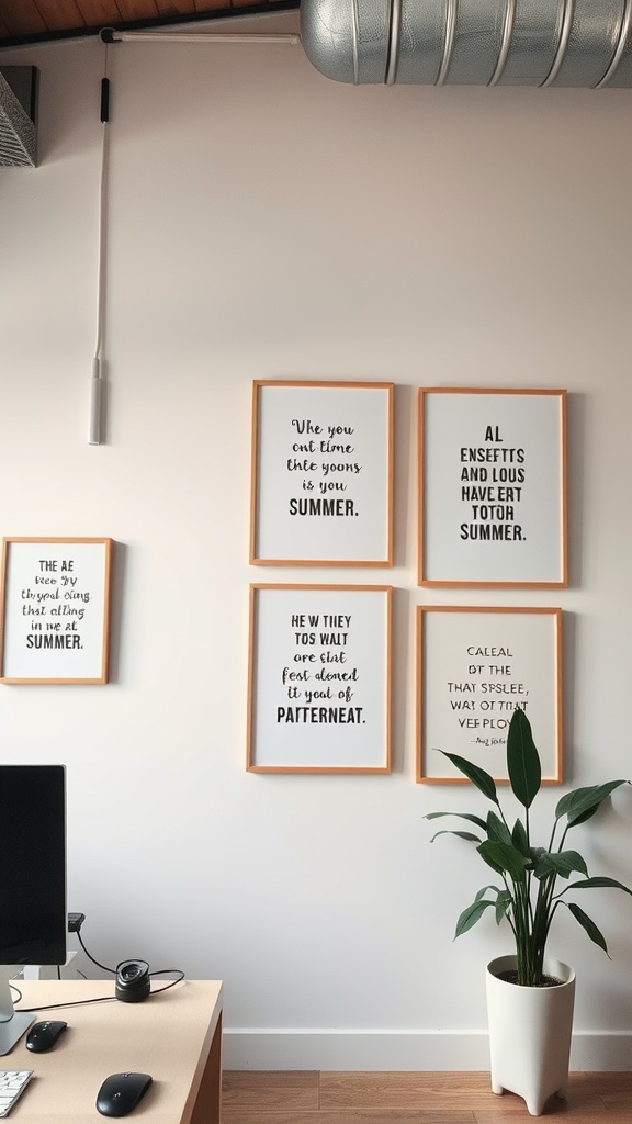 A stylish home office wall featuring framed inspirational quotes and a potted plant.