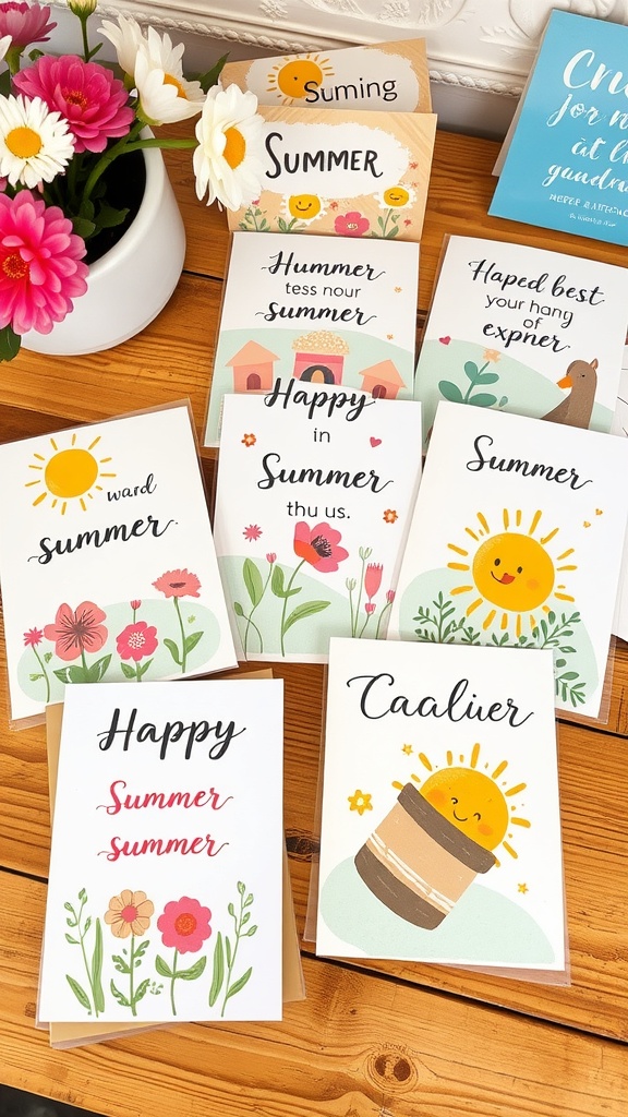 A collection of colorful handmade summer cards with cheerful designs and messages, placed on a wooden table next to a flower pot.