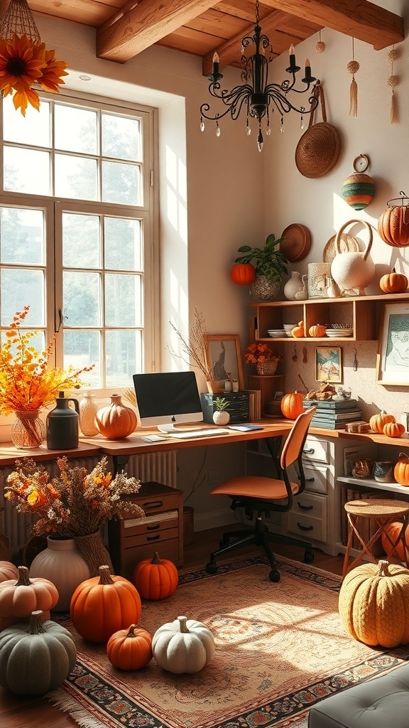 Cozy small office with fall decor, pumpkins, and warm lighting