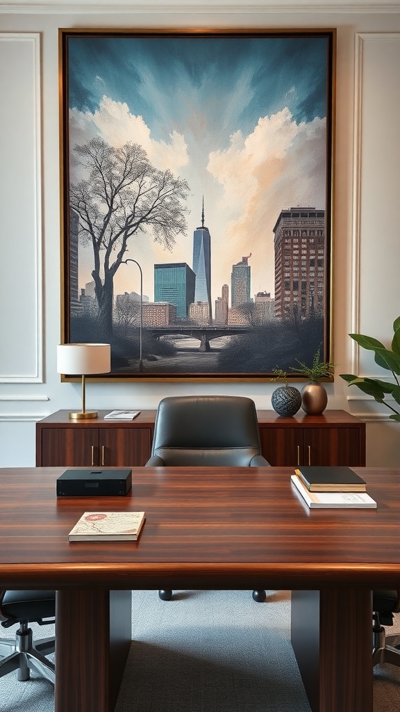 An executive desk with a city skyline painting in the background, showcasing a modern and stylish office setup.