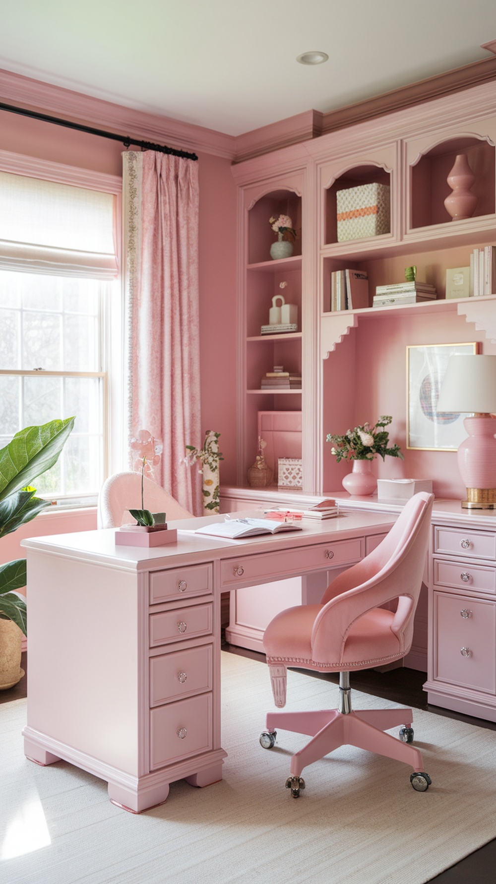 A feminine home office with soft pink walls, furniture, and decor, featuring a stylish desk and chair.