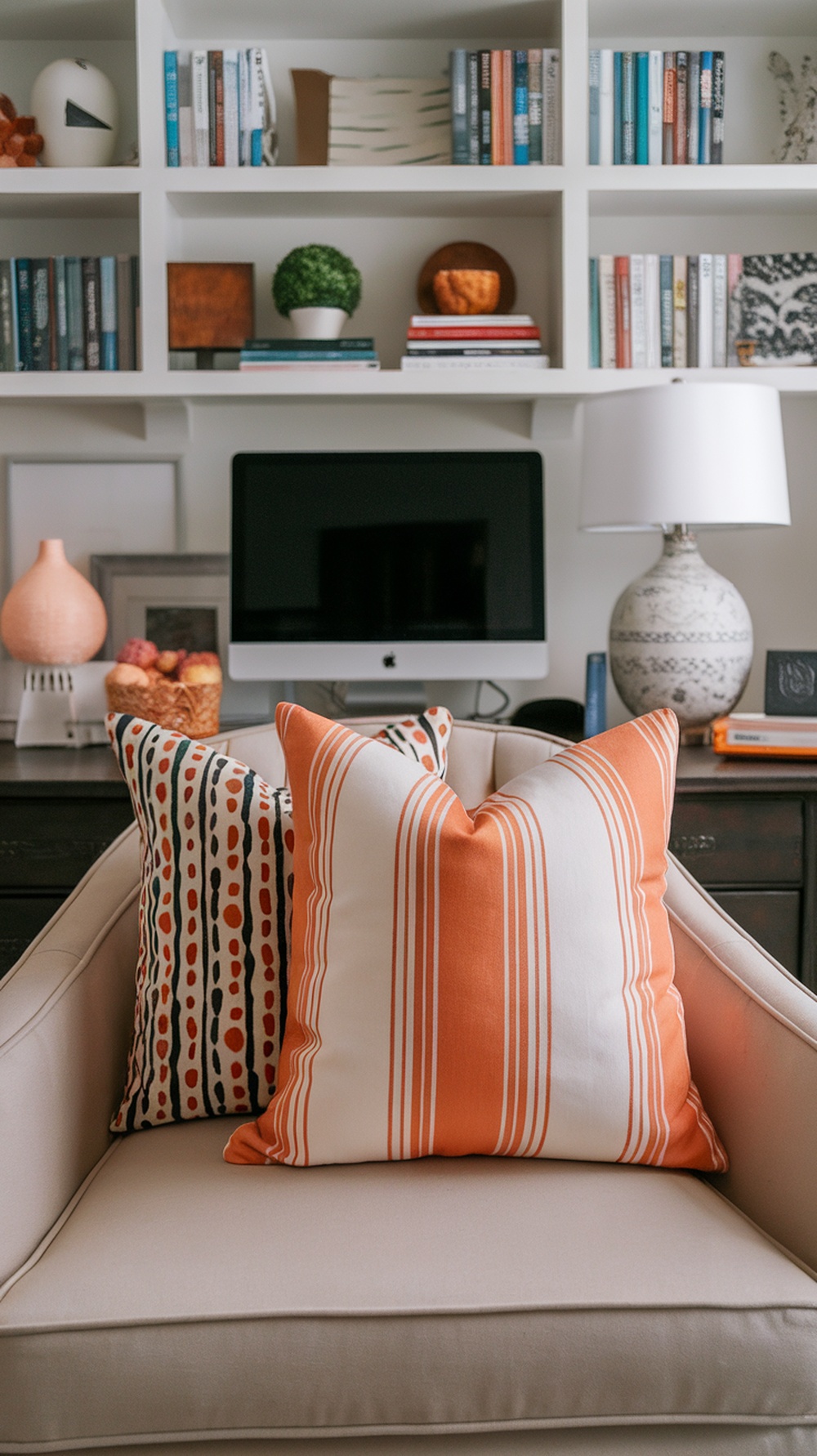A cozy chair with decorative pillows featuring fall prints, set in a home office.