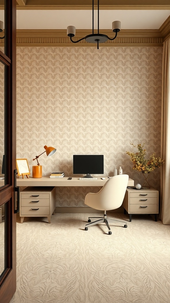 A cozy home office featuring soft beige aesthetic wallpaper with subtle patterns, a simple desk, and a modern chair.