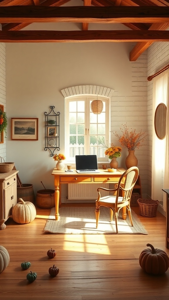 A cozy home office featuring a light brown desk, soft mint walls, and seasonal decor.