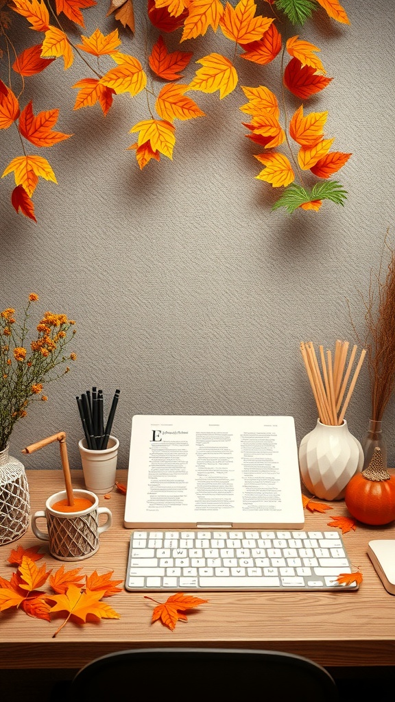 A cozy desk decorated with colorful fall leaves, a pumpkin, and a coffee mug, creating a warm autumn atmosphere.