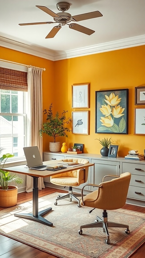 A warm and inviting home office featuring a goldenrod chair, wooden desk, and autumn-themed decor.