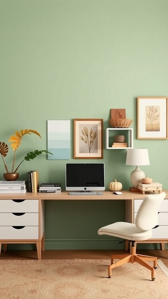 Home office with muted mint green wall, desk, and decorative elements