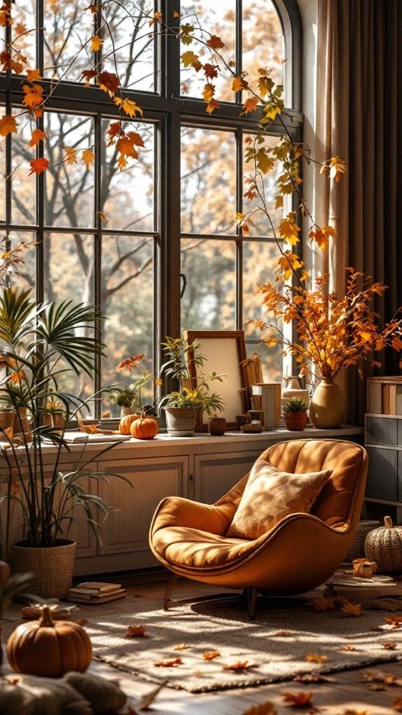A cozy home office decorated for autumn with pumpkins, leaves, and warm lighting.