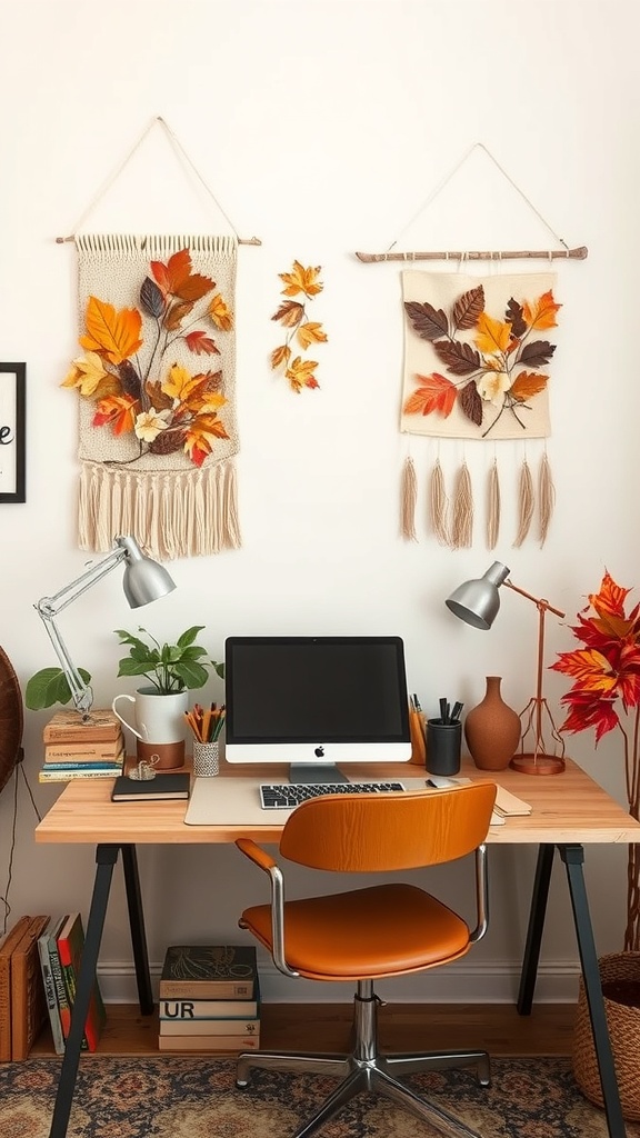 Autumn-themed wall hangings with colorful leaves in a home office setting.