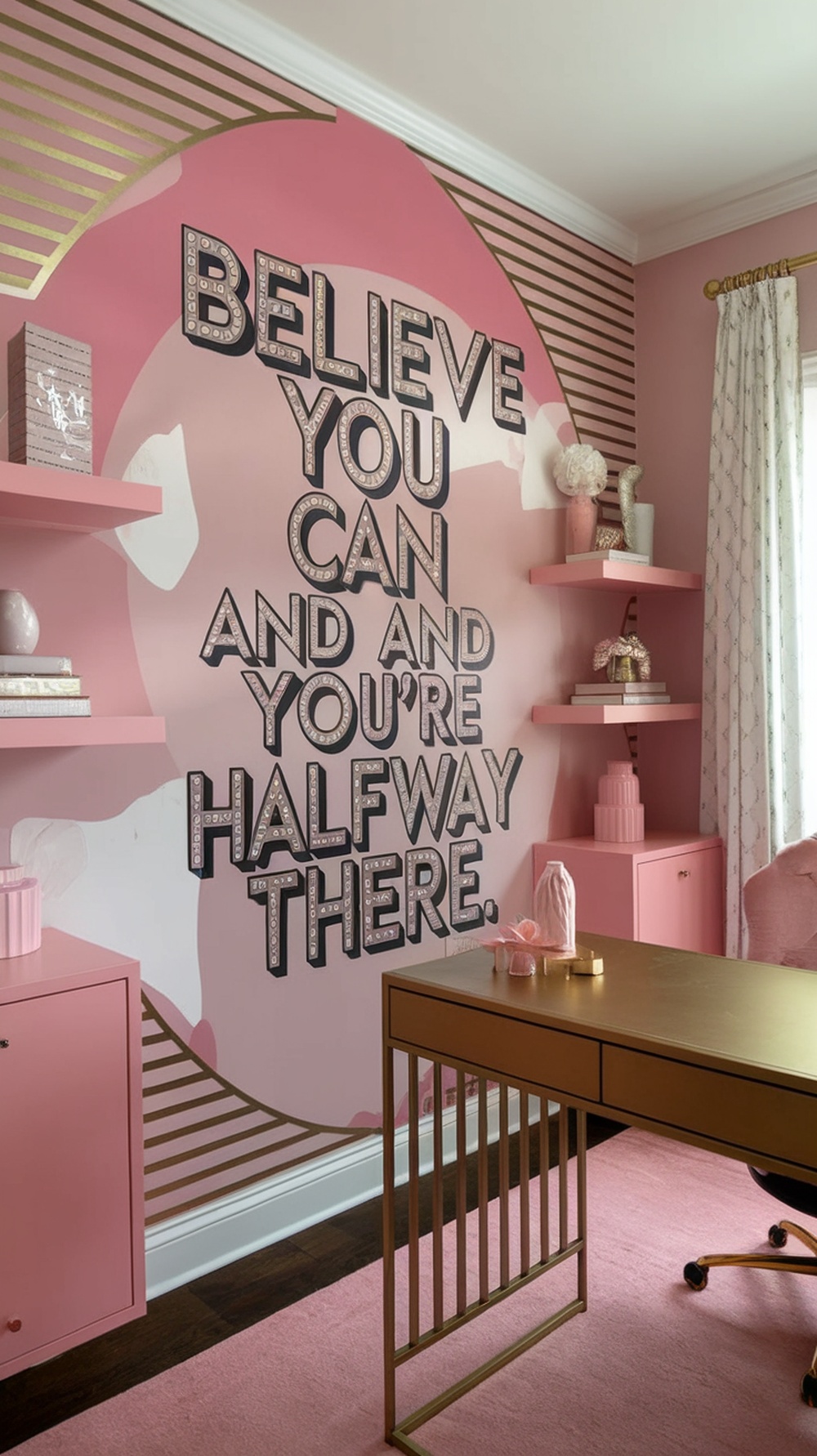 A home office with a pink wall mural featuring an inspirational quote.