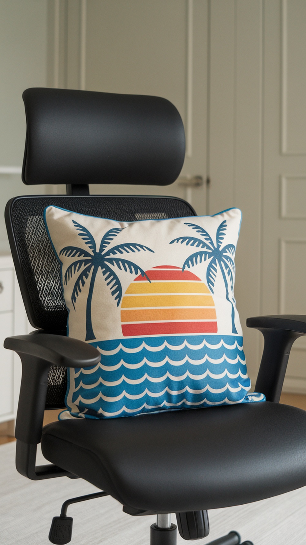 A beach-inspired throw pillow with playful designs sitting on a chair in an office setting.