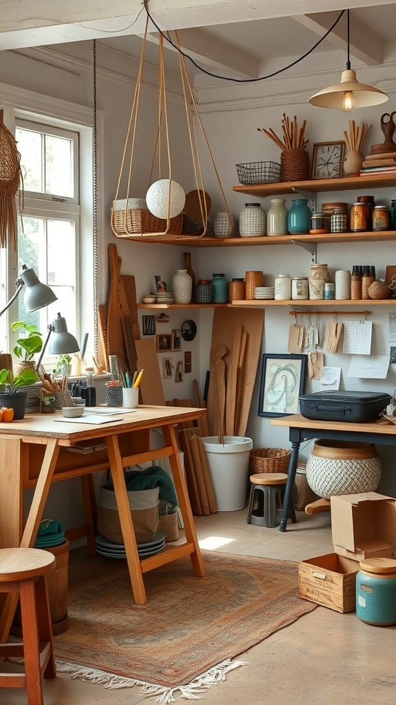 Artisan craft studio office with wooden shelves, plants, and a cozy workspace