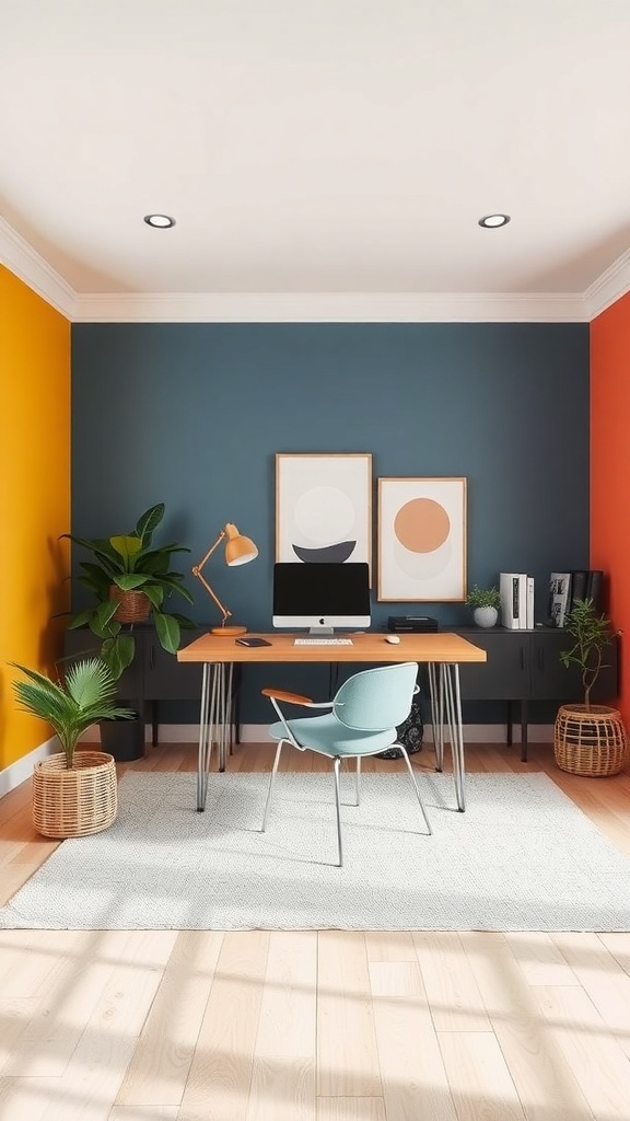 A modern home office with color blocked walls in orange and blue, featuring a sleek desk, stylish chair, and plants.