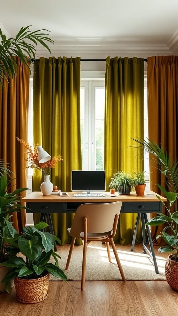 A home office featuring deep olive green curtains, warm autumn-colored accents, and plants, creating a cozy workspace.
