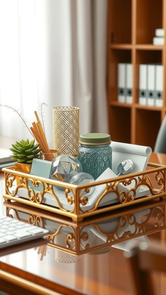 A stylish desk organizing tray with a gold design, containing a decorative jar, a plant, and stationery items.