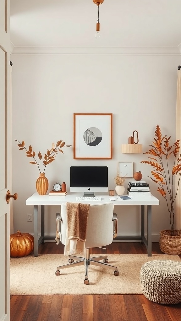 A cozy home office featuring a pale gold lamp and autumn decor, showcasing a warm color palette.
