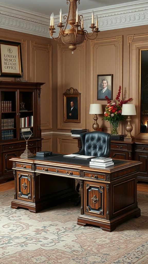 A vintage executive desk with intricate woodwork, a leather chair, and elegant office decor.