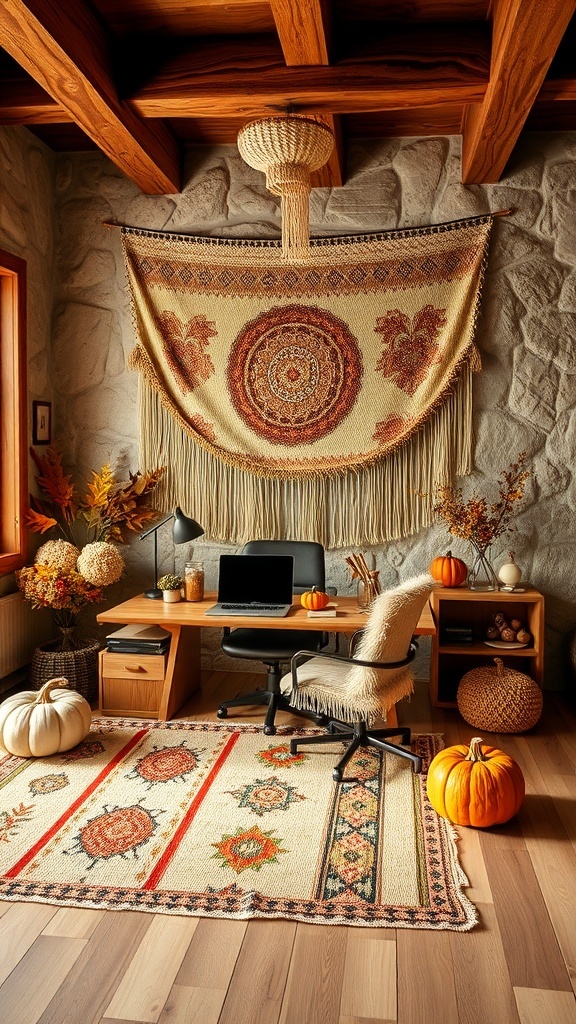 A cozy home office featuring a textured wall hanging, pumpkins, and a warm rug, perfect for fall decor.