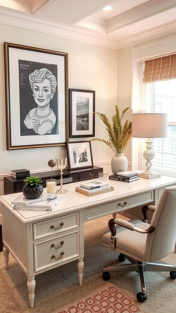 Luxurious executive desk in a well-decorated office with a chandelier and elegant furnishings.