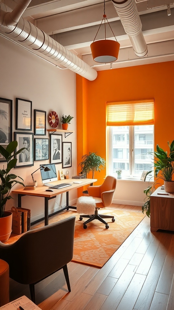A cozy home office featuring a tangerine aesthetic with orange walls, a wooden desk, and autumn decorations.