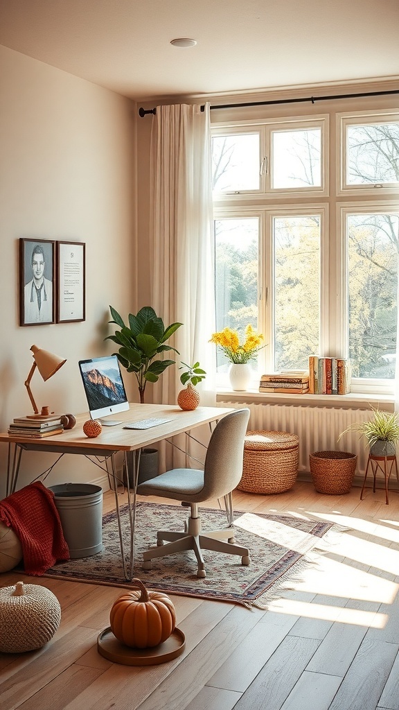 A cozy home office with large windows letting in natural light, featuring a desk, chair, plants, and autumn decorations.