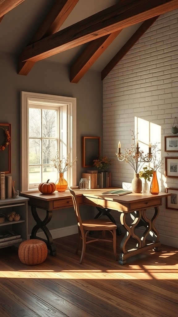 A cozy home office with slate gray walls and brown wooden furniture, featuring natural light and decorative elements.