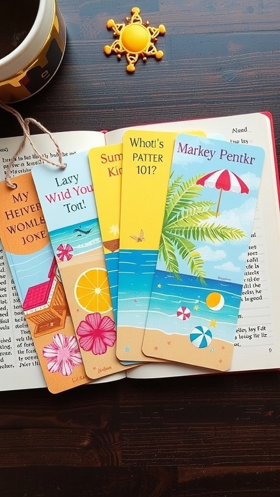 A collection of colorful summer-themed bookmarks on a wooden table next to a coffee cup.