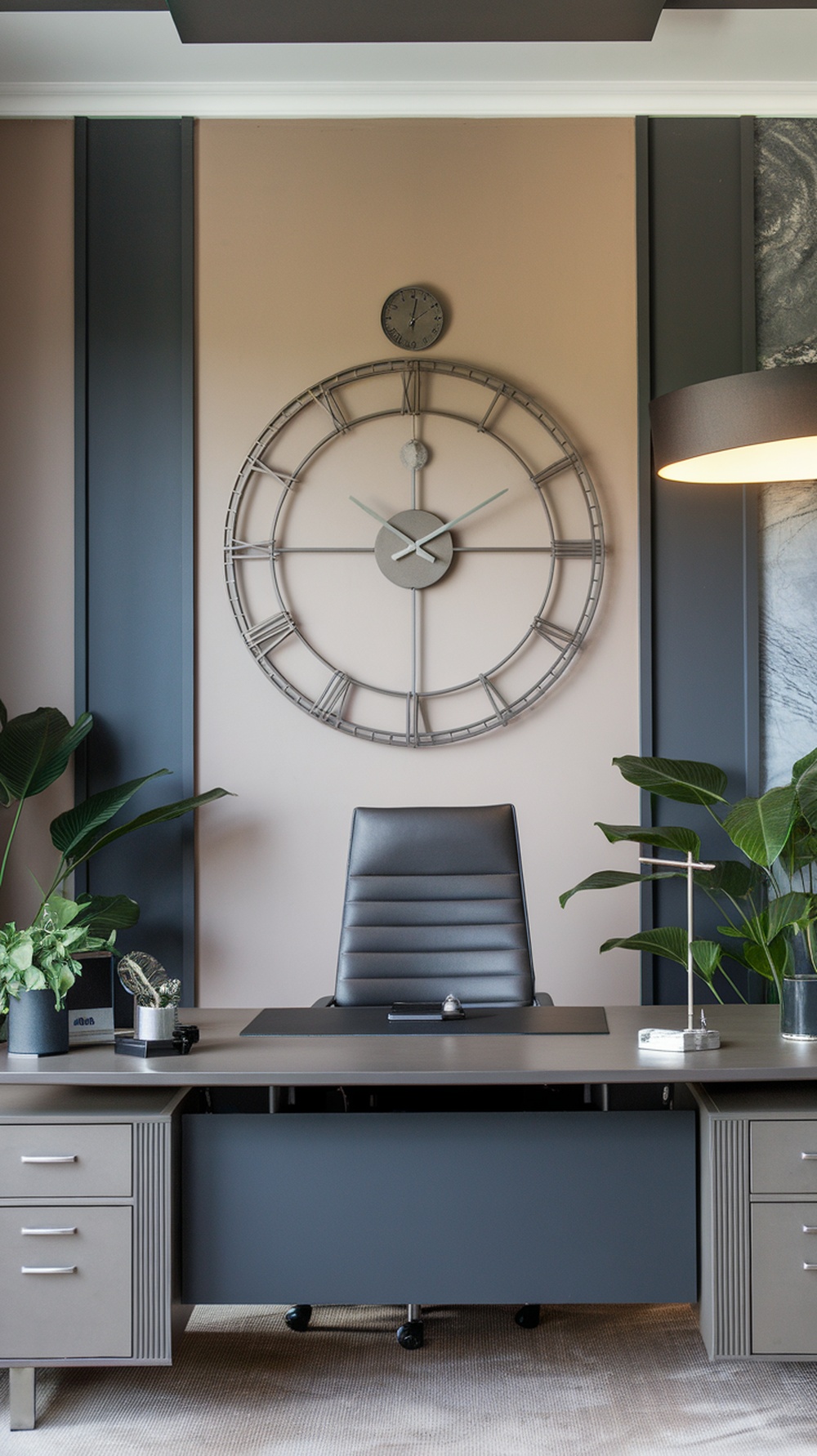 Stylish wall clock in a masculine home office setting