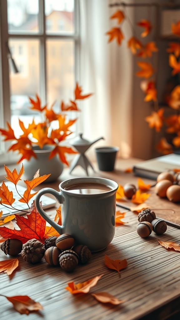 A cozy desk with a mug of hot cider surrounded by autumn leaves and acorns.