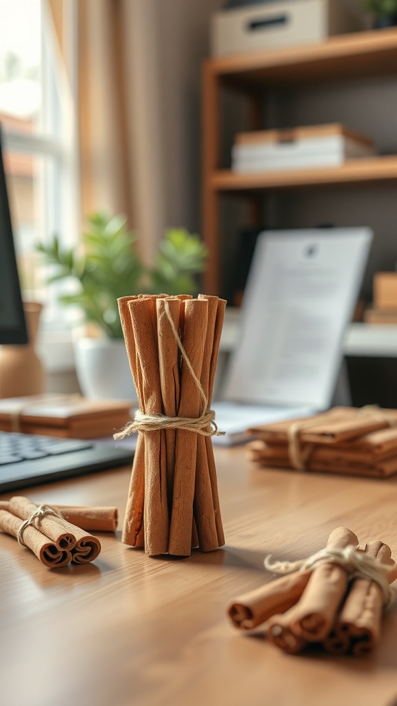 A bundle of cinnamon sticks tied with twine on a wooden desk, surrounded by more cinnamon sticks and a cozy office setting.