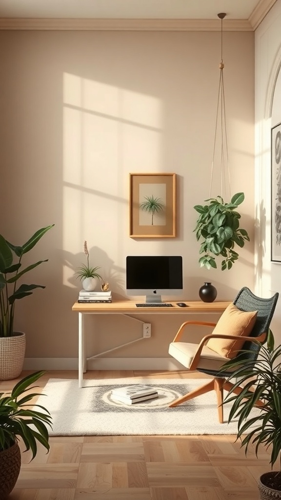 A cozy home office featuring beige walls, olive green plants, and warm-toned furniture.