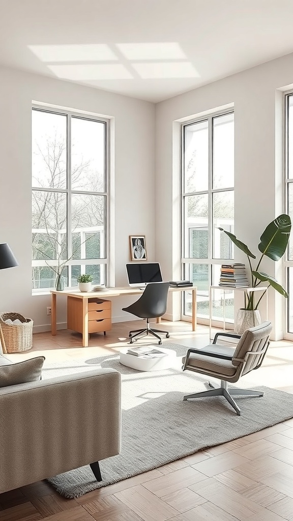 A modern open concept workspace featuring large windows, a minimalist desk, and comfortable seating.