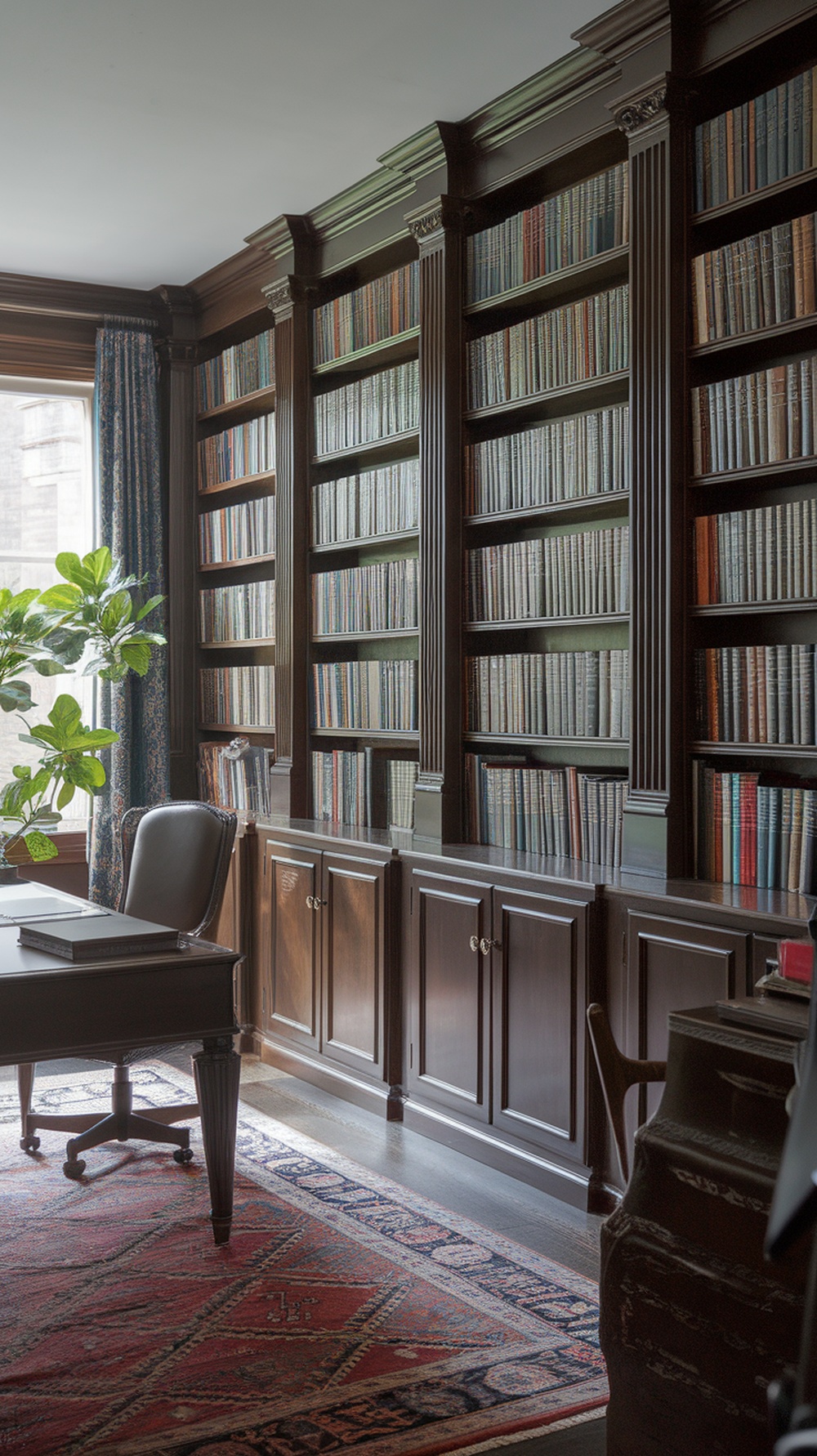 A classic bookshelf wall filled with books in a masculine home office setting.