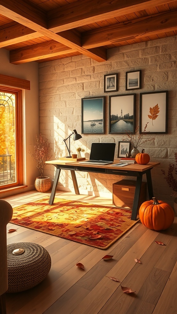 Cozy home office with nature-inspired wall art, pumpkins, and warm autumn colors