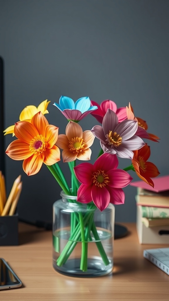 A vase filled with colorful paper flowers in shades of orange, pink, blue, and yellow, placed on a wooden desk with office supplies.