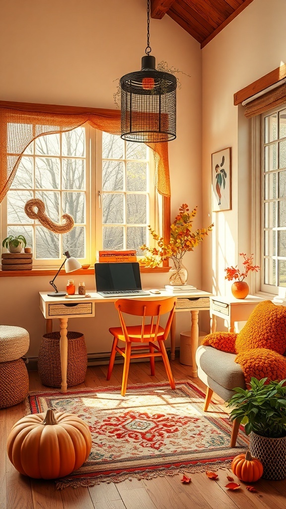 A cozy home office decorated with warm autumn colors, featuring a desk, orange chair, pumpkins, and autumn leaves.
