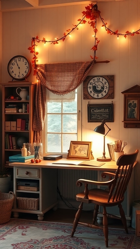A cozy vintage-inspired workspace with warm lighting, a wooden desk, and autumn decorations.