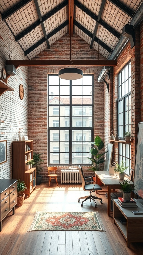 Chic industrial loft home office with large windows, exposed brick walls, and stylish furniture.