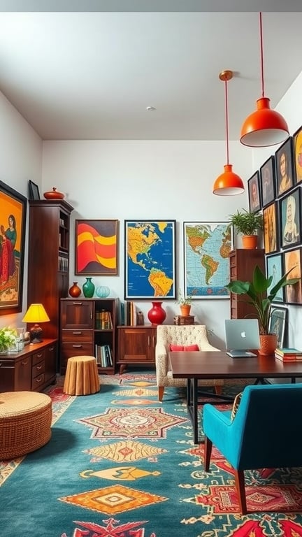 A colorful office space featuring cultural decor, maps, and vibrant furniture.