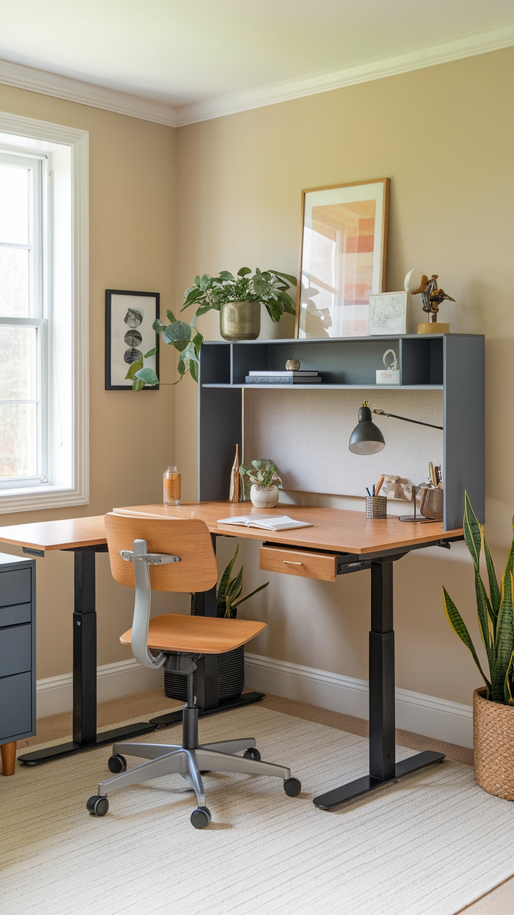 Modern L shaped executive desk with adjustable height in an office setting