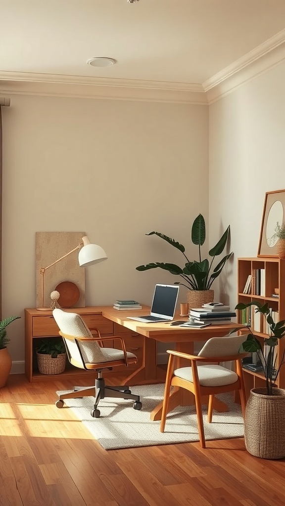 A cozy home office with beige walls, warm wood furniture, and plants