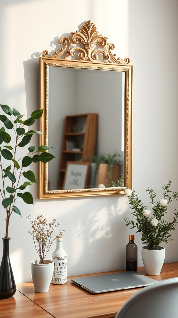 A decorative wall mirror with a golden frame above a desk, surrounded by plants and a laptop.