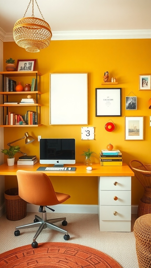 A cozy home office featuring muted mustard and brown color scheme with light brown wallpaper, wooden beams, and warm decor.
