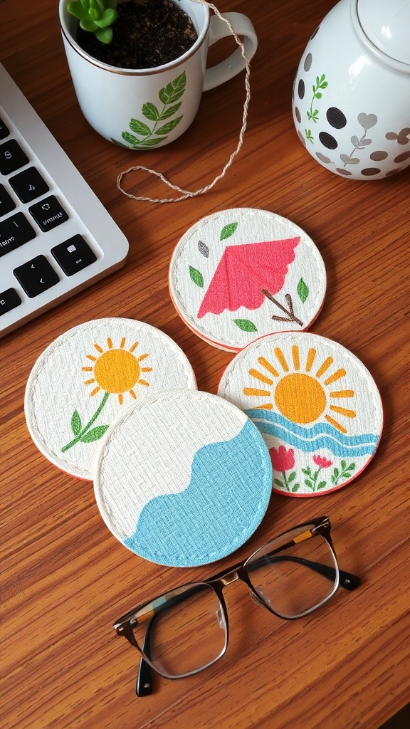 Colorful handmade summer-themed coasters on a wooden desk with a laptop and glasses.