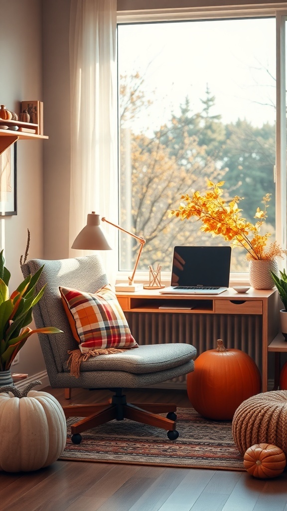 Cozy home office corner with fall decorations, featuring a comfortable chair, pumpkins, and a laptop.
