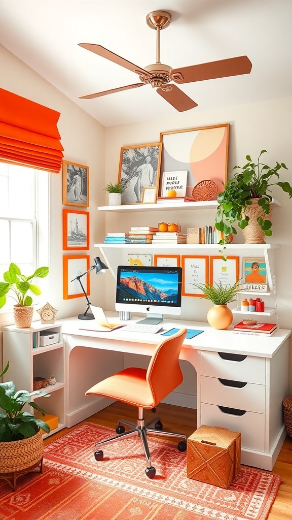 A cozy home office with orange decor, pumpkins, and a laptop on a desk.
